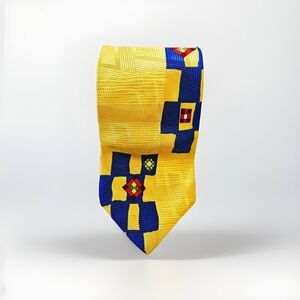 Paul Frederick Blue & Yellow Italian Silk Geometric Print Necktie 58x3.75 Office